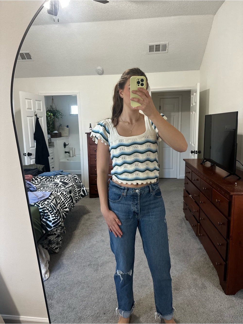 Jessica Simpson Blue & White Crochet Wave Crop Top